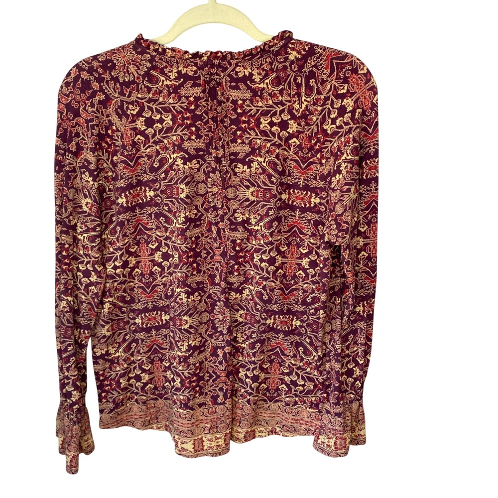 Lucky Brand Womens Burgundy Paisley Floral Tassel Tie Boho Blouse Large L/G - Picture 2 of 14